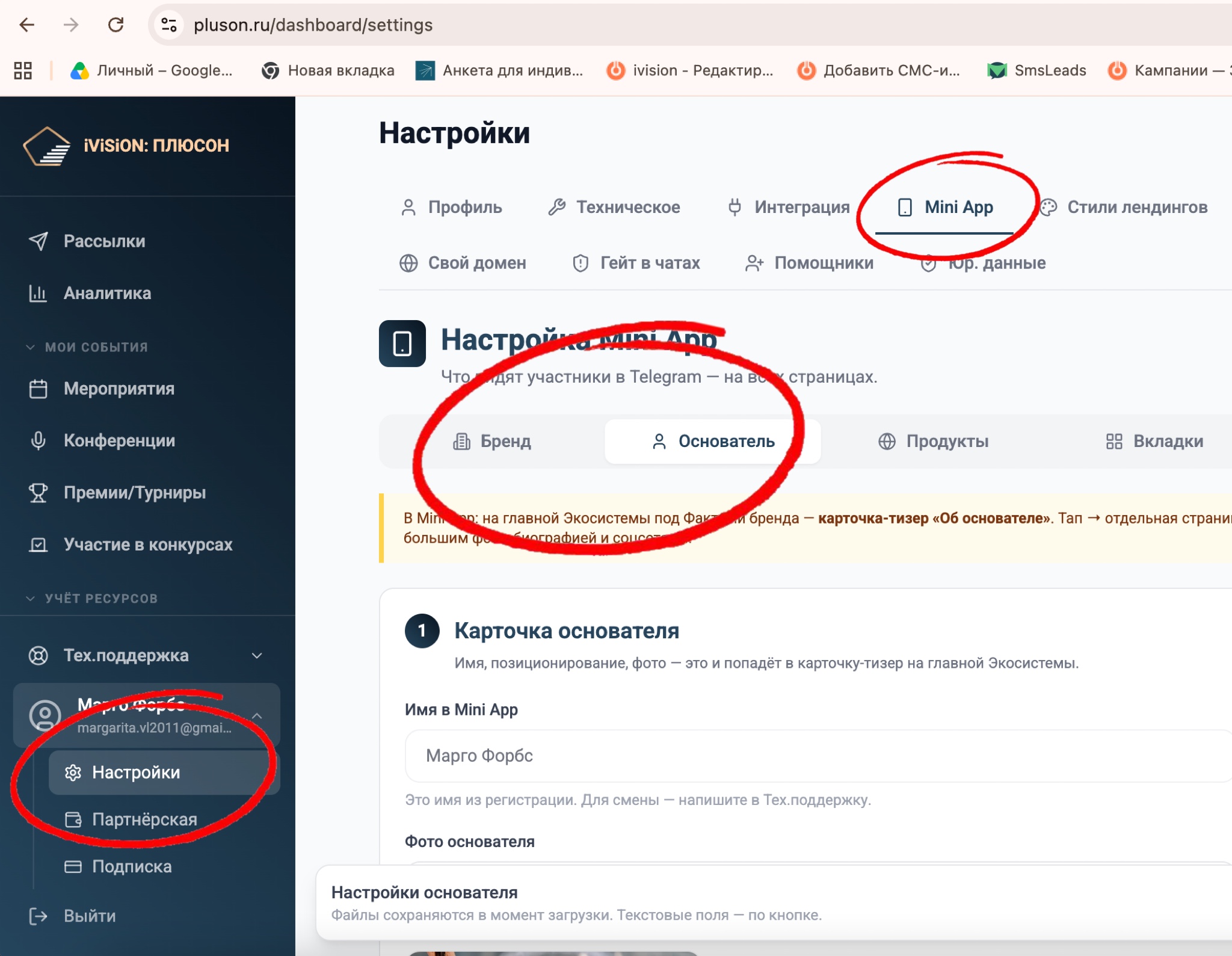 Настройки, вкладка Mini App, карточка основателя