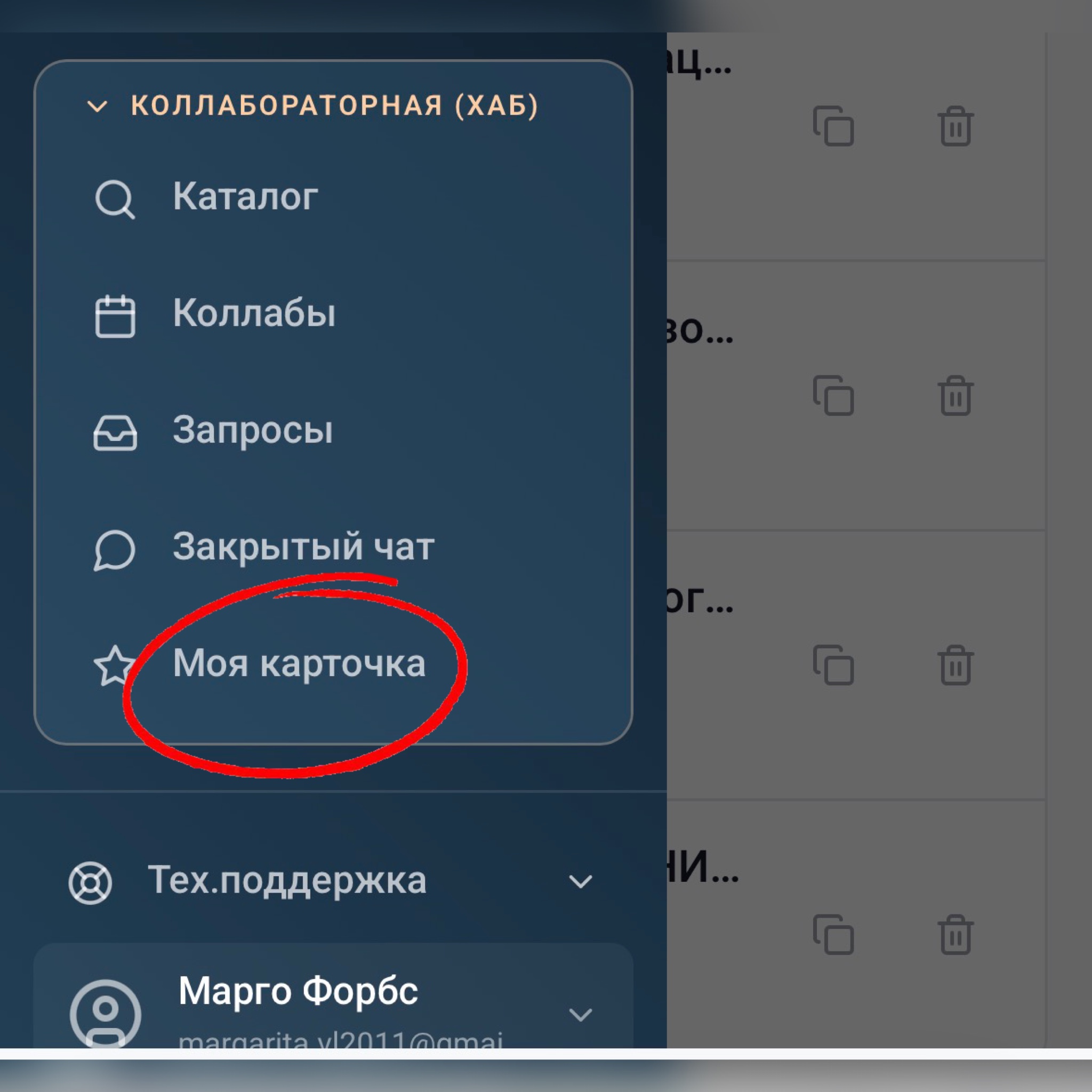 Коллабораторная (Хаб), пункт меню Моя карточка