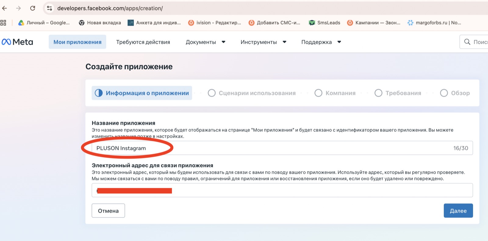 Форма создания приложения: поля «Название приложения» и «Электронный адрес»
