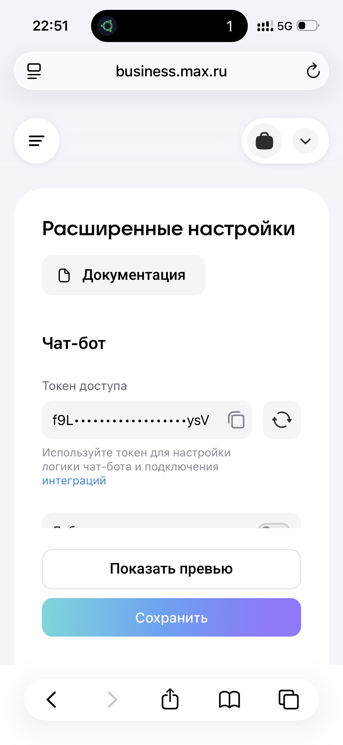 Расширенные настройки бота: поле «Токен доступа» с кнопкой копирования